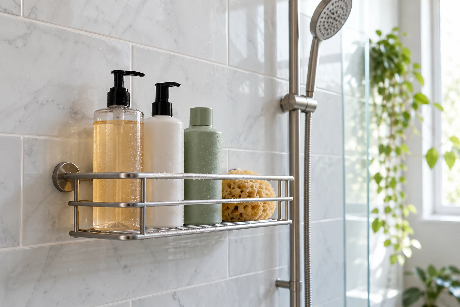 Shower caddy with a small collection of bottles and accessible shelf space