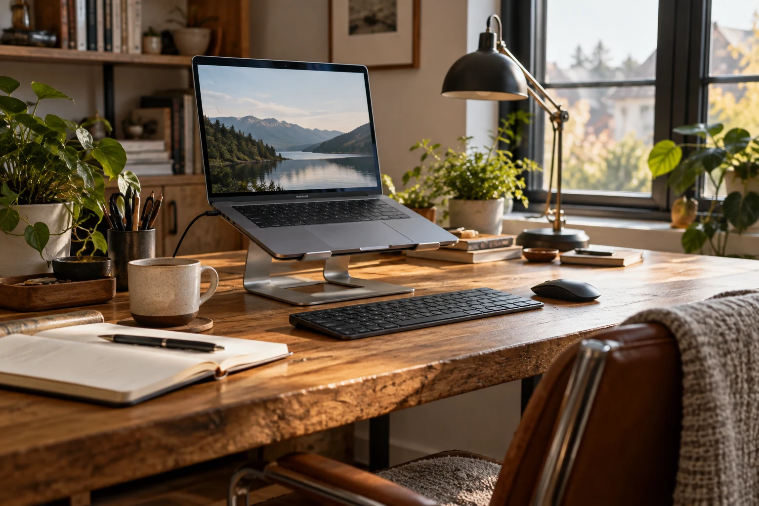 Laptop stand, keyboard and notebook on a thoughtfully arranged home desk