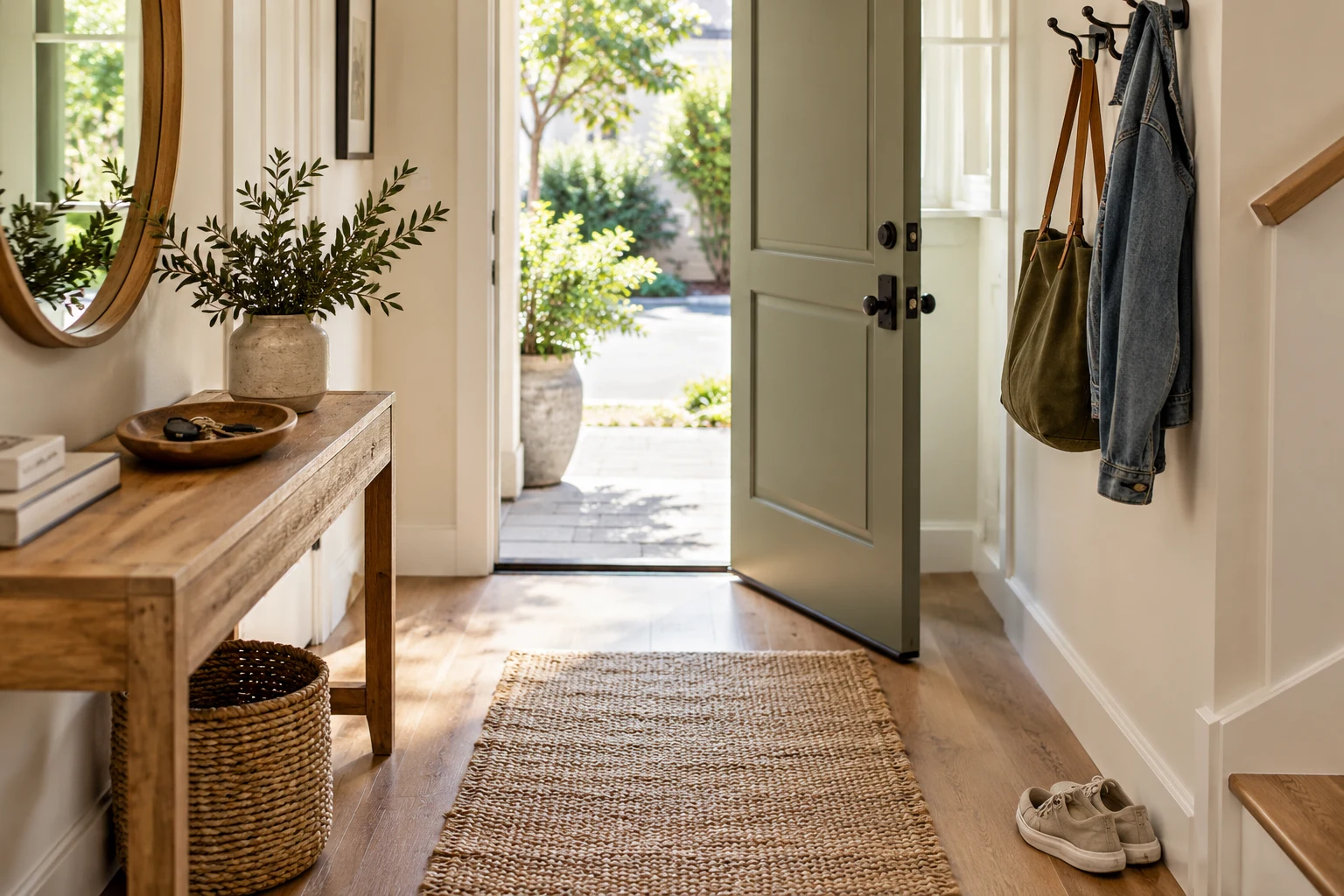 Compact entryway with a key tray, bag hooks and clear walkway