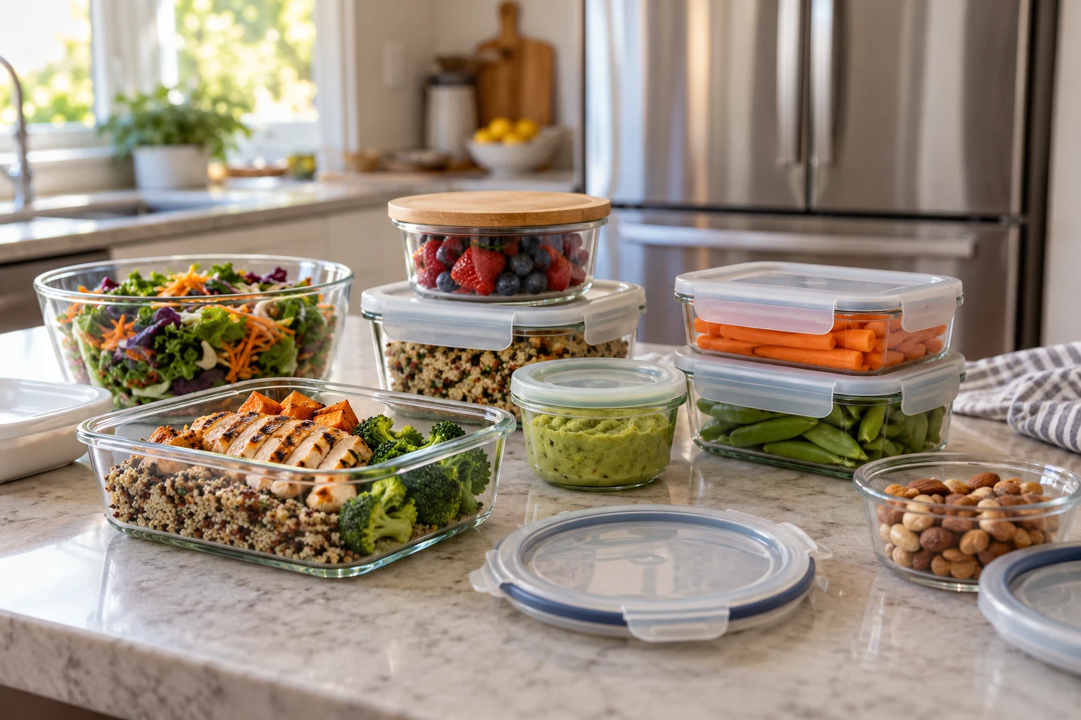 Meal containers and separate lids arranged on a kitchen counter