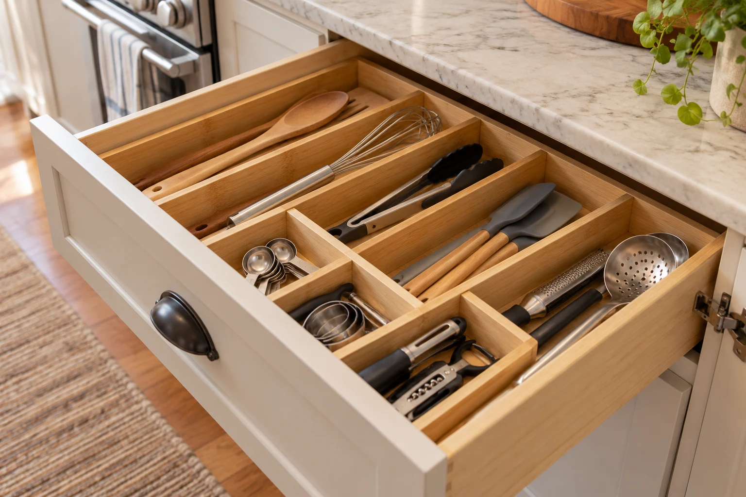 Open kitchen drawer with bamboo dividers and everyday cooking utensils