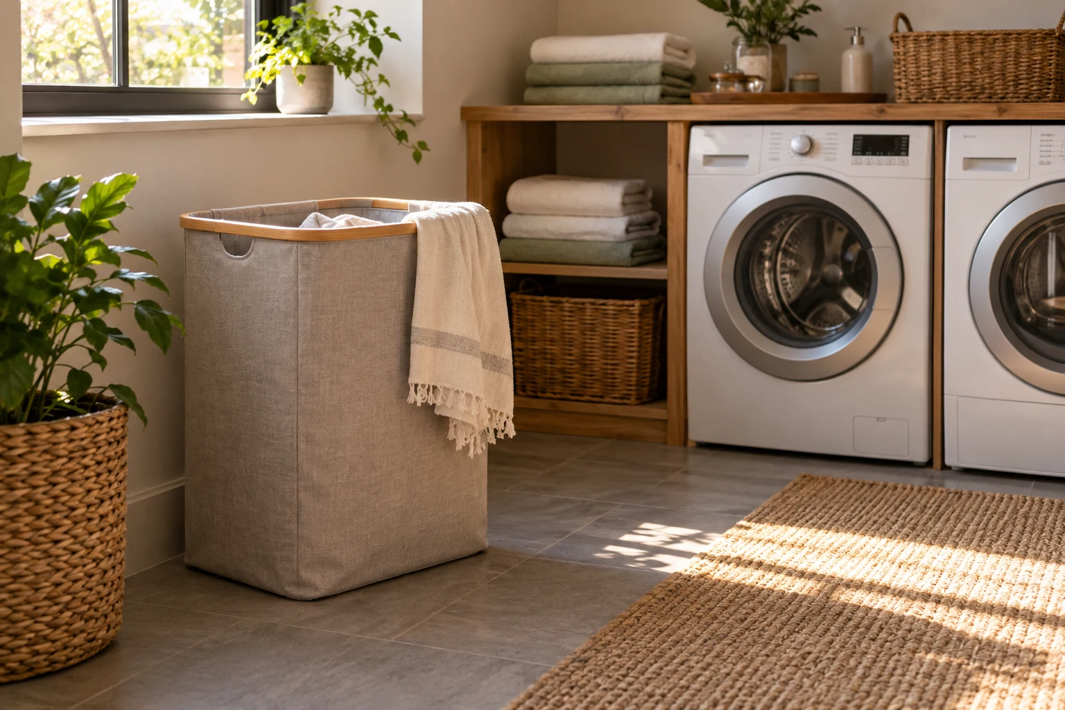 Fabric laundry hamper with removable bag beside a washing area