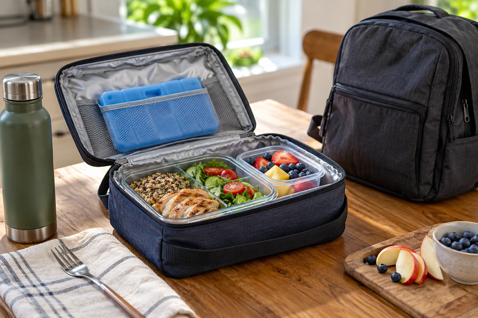 Open insulated lunch bag with meal containers beside a work backpack