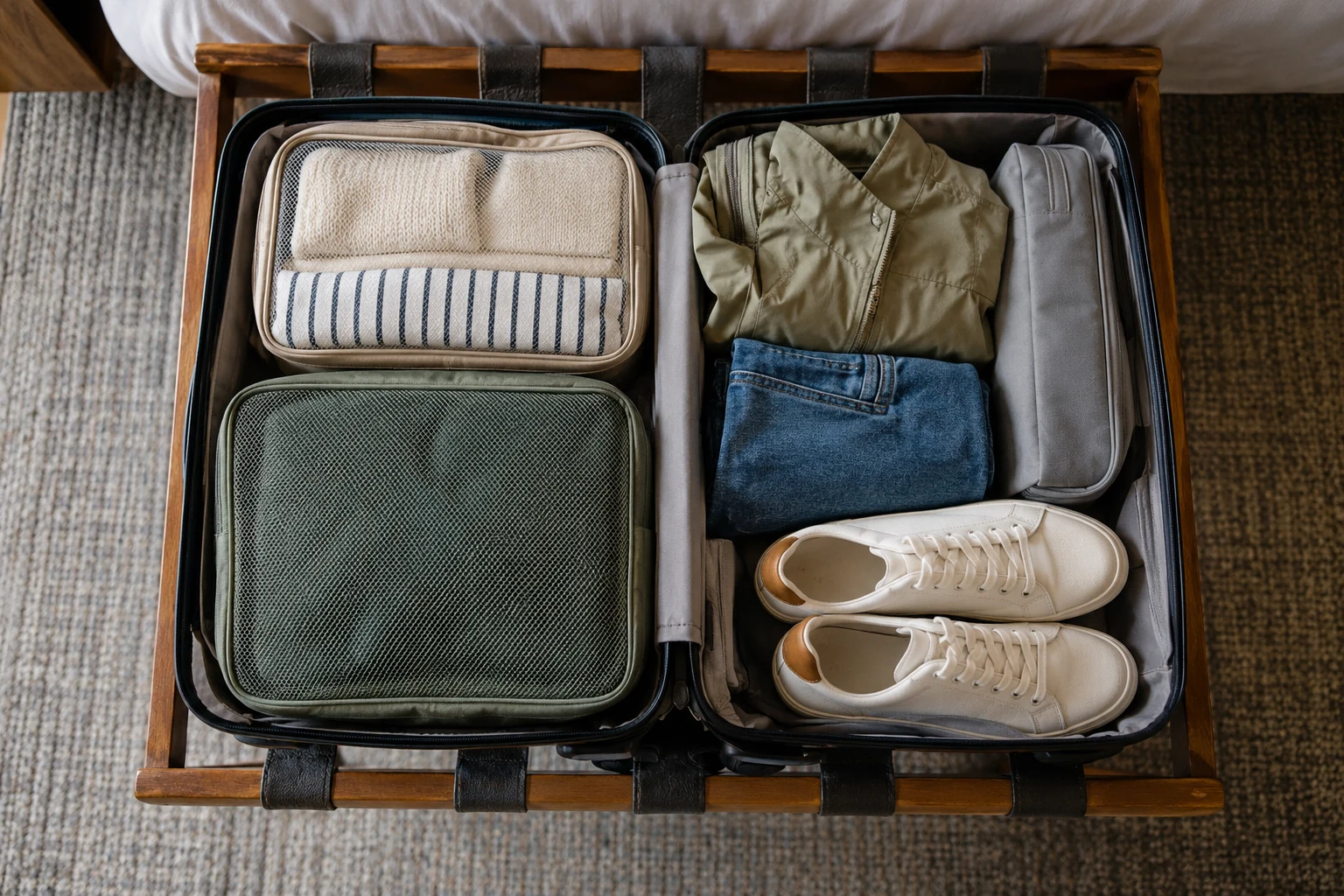 Open carry-on suitcase with fabric packing cubes and clothing
