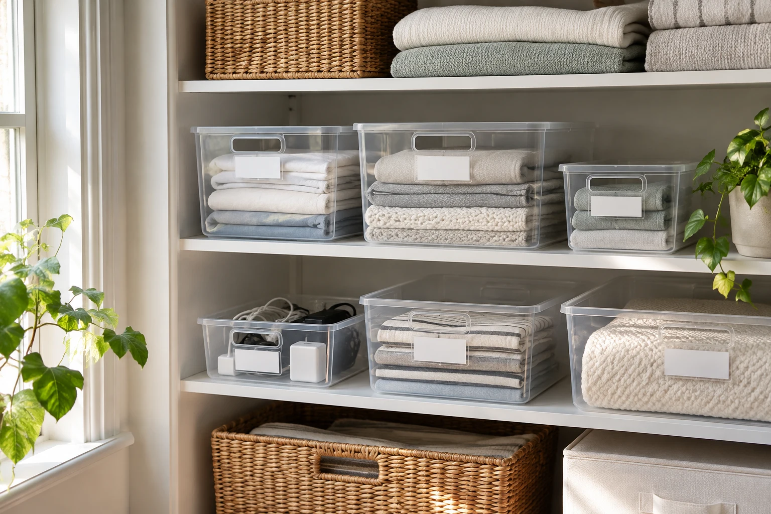 Clear storage bins with grouped household belongings on closet shelves