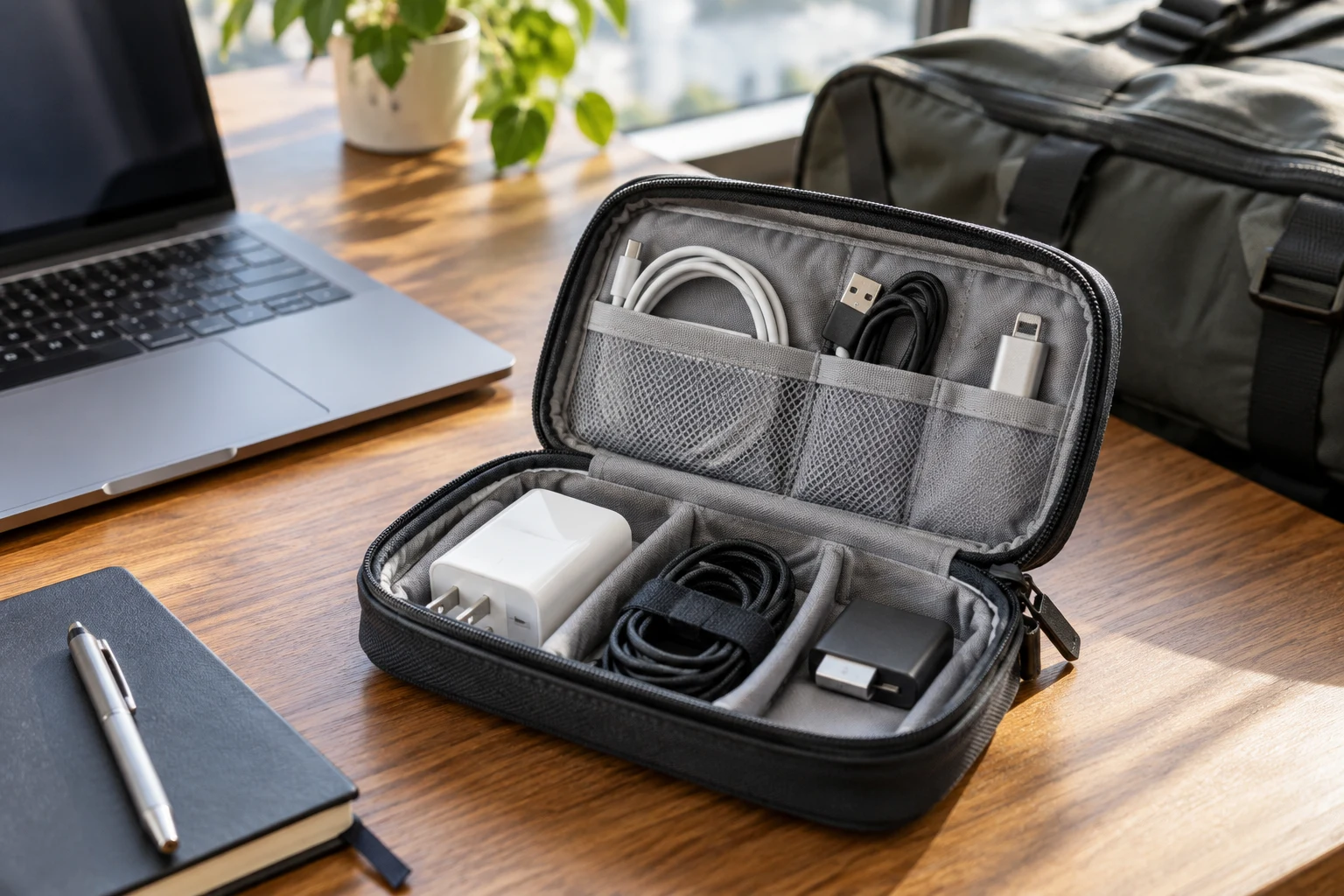 Open tech pouch with a charger, cables and small adapter on a desk