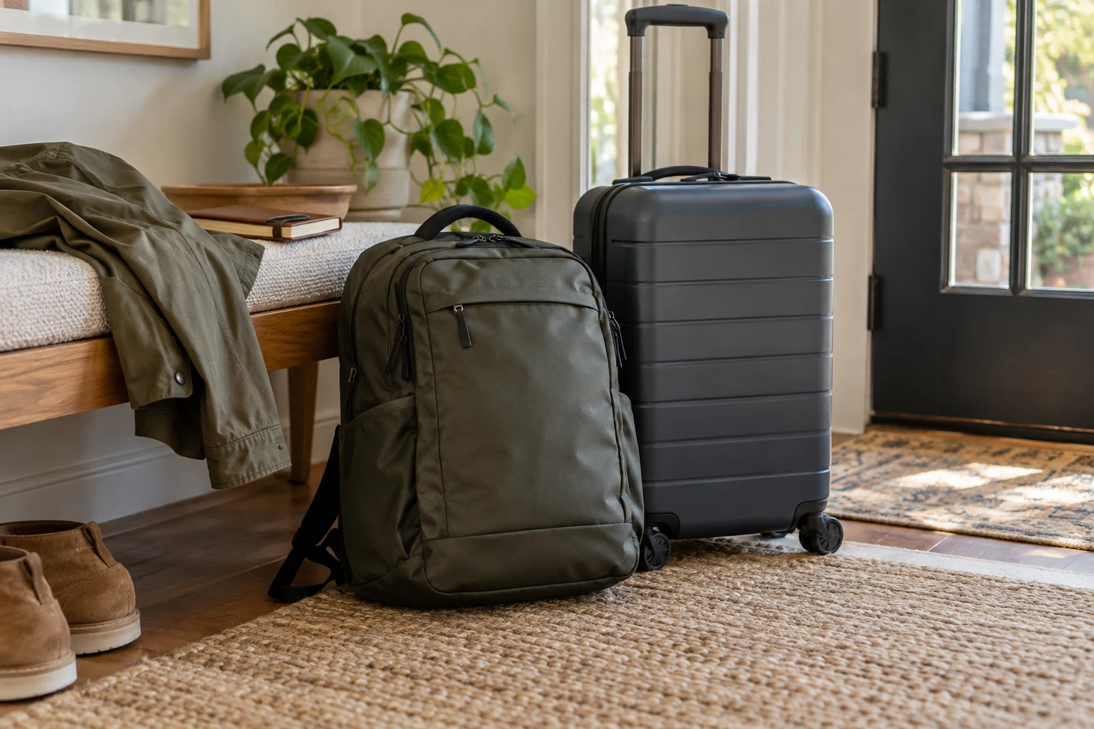 Carry-on backpack beside a rolling suitcase in a bright entryway