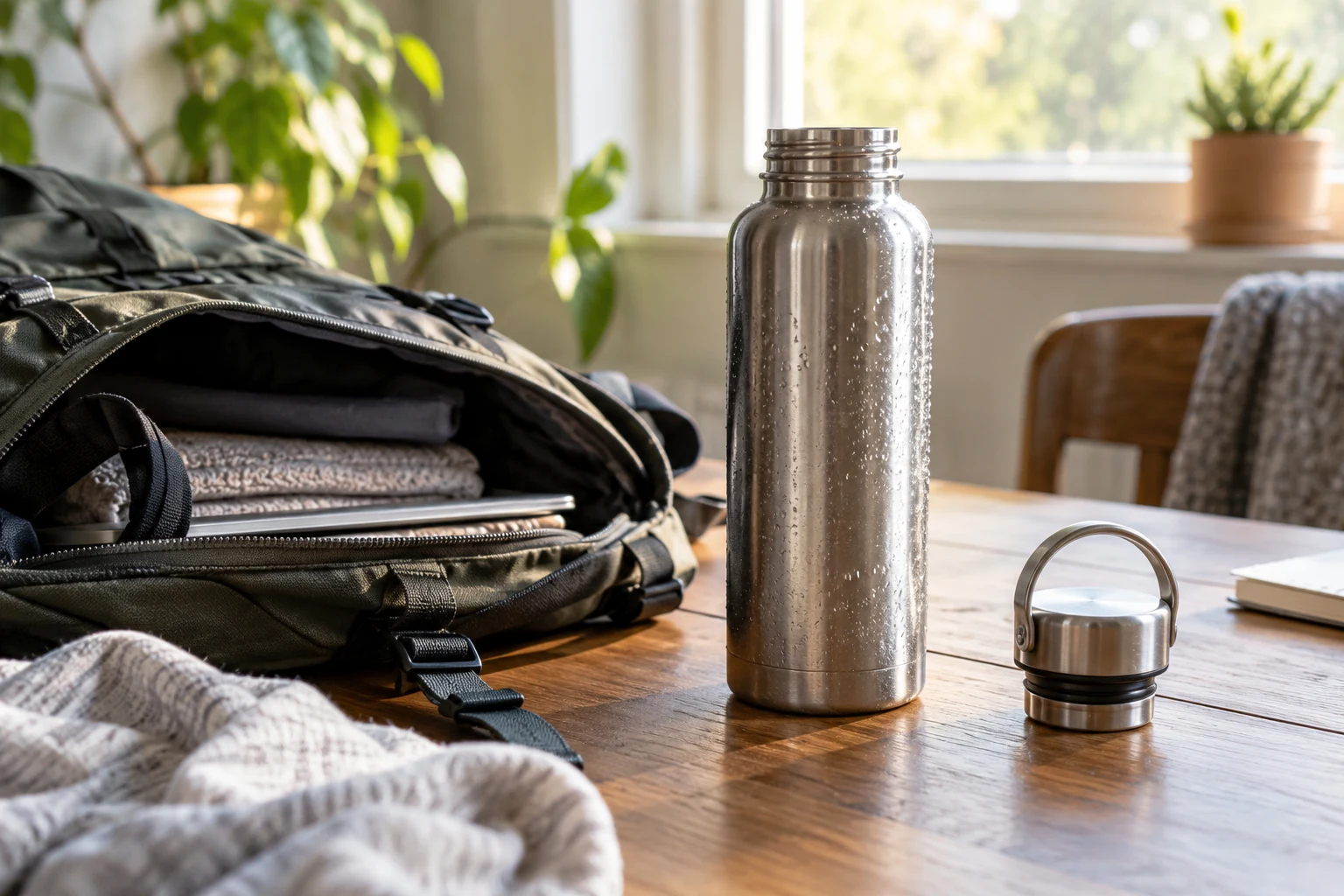 Reusable water bottle and separate lid beside an everyday backpack