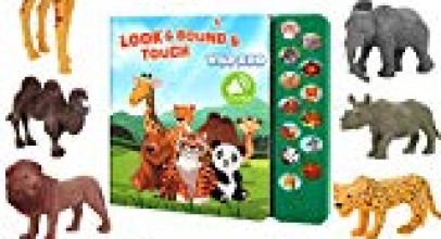 Tudoccy Safari Animals Figures Toys – 13 Realistic Wild Plastic Animal Figurines & Kids Sound Book – Educational Learning Toys Gift for 3 Years Old & Up Boys Girls Toddlers