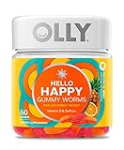 OLLY Hello Happy Gummy Worms, Mood Balance Support, Vitamin D, Saffron, Adult Chewable Supplement, Tropical Zing – 60 Count