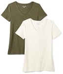 Amazon Essentials Women’s Classic-Fit Short-Sleeve V-Neck T-Shirt, Pack of 2, Olive/Oatmeal Heather, Medium