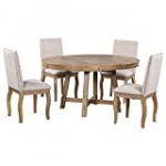 Merax 5-Piece Farmhouse Wooden Round Extendable Dining Table Set with 4 Upholstered Chairs, Family Kitchen Furniture, Natural_New