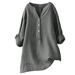 Generic My Orders Your Orders Placed Recently by me White Linen Blouse for Women 3/4 Length Sleeve Womens Tops Dressy Shirt Blouses for Women v Neck t Shirts Lightweight Button Shirt Women Grey-1 L