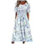 Womens Dresses Clearance Sale,Tshirt Dress for Women 2024 Beach Cotton Linen Floral Printed Dresses with Pockets Casual Flowy Long Dress（Blues，Xx-Large）