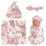 Aori Reborn Baby Doll Accessories Clothes Newborn Receiving Blanket with Headband and Hat Set Baby Swaddle Floral 3-Piece Swaddle Nursery Swaddle Wrap for 18-24 inch Reborn Doll