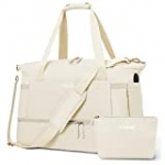 Gym Bag for Women, Sports Travel Duffel Bag with USB Charging Port, Weekender Overnight Bag with Wet Pocket and Shoes Compartment for Women Girls Travel, Gym, Yoga, School (Off White)