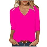 Deals of The Day Lightning Deals Today Prime 3/4 Sleeve Shirts for Women V Neck Summer Blouses Solid Color Basic Tee Shirts Soft Cotton Tshirts Three Quarter Sleeve Tops Woman Womens Summer Shirts