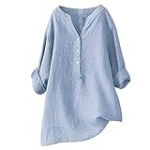 deals of The day lightning deals today prime women’s linen shirt linen 3/4 sleeve sweaters for women women’s button down women work clothes dressy casual v neck top ladies clothes fashion Blue-3 5XL