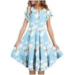 oelaio Girl 2024 Summer Boho Sun Dress Ruffled Pockets Dresses Size 6-14 Years Frill Sleeve Dresses Swing Twirly Sundress,Light Blue#4,12 Years