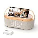 【2023 Newest】 Bluetooth Speaker with Digital Alarm Clock, Wireless Charger, FM Clock Radio, Adjustable LED Night Light, Dual Wireless Speakers,2500mAh Battery for Bedroom,Home, Adaptor (Wooden)
