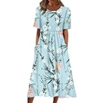 my orders overstock items clearance Summer Midi Dresses for Women 2024 Plus Size Casual Loose Fashion Boho Beach Flowy Short Sleeve T Shirts Dress Cute Crewneck Sundresses with Pockets Light Blue S