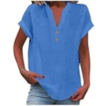 Lightning Deals of Today Prime by Hour,Linen Shirts for Women 2024 Summer Casual V Neck Button Down Short Sleeve Tops Trendy Comfy Business Work Blouses,Sky Blue-D,Medium