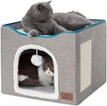 Bedsure Cat Beds for Indoor Cats – Large Cat Cave for Pet Cat House with Fluffy Ball Hanging and Scratch Pad, Foldable Cat Hideaway,16.5×16.5×13 inches, Grey