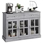 FOTOSOK Modern Buffet Sideboard, Glass Door Buffet Cabinet Kitchen Sideboard with 2 Storage Drawers & Shelves, Bar Wine Cabinet Console Table for Dining Living Room, Gray Oak