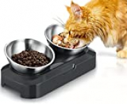 PewinGo Cat Bowl with Stainless Steel, Non-Slip Silicone Mat Cat Feeder with 0 &15° Tilting Neck Protective Bowl for Pets, Cats and Puppies Food and Water Feeding–Double Bowl