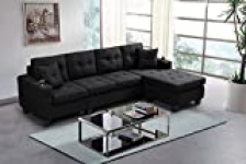 STARTOM Modern Reversible Futon Sectional Sofa Set for Living Room Bedroom, L Shape 4 Seat Couch w/Cup Holder and Left or Right Hand Chaise, Black