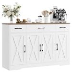 HOSTACK Buffet Cabinet with Drawers, 55″ Large Sideboard Buffet Storage Cabinet with Shelves & 4 Doors, Modern Farmhouse Coffee Bar Cabinet Wood Buffet Table for Kitchen, Dining Room, White/Rustic