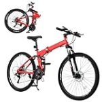 Ktaxon Folding Mountain Bike 21-Speed Adult Bikes 26 Inch Bike with High Carbon Steel Frame, Double-Kill Disc Brake System, Thickened Shock-Absorbing Front Fork (Red)