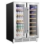 EUHOMY Wine and Beverage Refrigerator, 24 Inch Dual Zone Wine Cooler with Glass Door Hold 21 Bottles and 88 Cans, Built in or Freestanding Under Counter Wine Fridge with Blue LED Light.