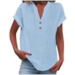 my orders prime daily deals today on clearance Womens Cotton Linen Shirts Summer Casual Loose Fit Comfy Business Blouses V Neck Button Down Short Sleeve Tops Light Blue-1 XL