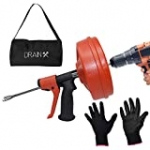 DrainX SPINFEED 25 Foot Drum Auger | Manual or Drill Powered Drain Snake – Auto Extend and Retract Snake | Work Gloves and Storage Bag Included