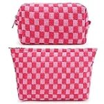 SOIDRAM 2 Pieces Makeup Bag Large Checkered Cosmetic Bag Pink Capacity Canvas Travel Toiletry Bag Organizer Cute Makeup Brushes Aesthetic Accessories Storage Bag for Women